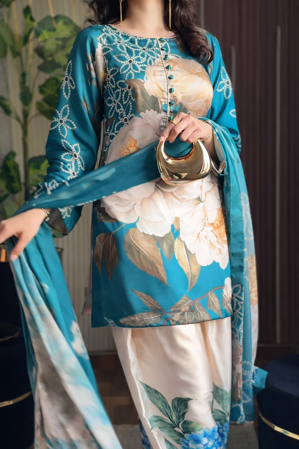 Digital Print Silk 3pcs (Emerald Bloom Co-ord Set)