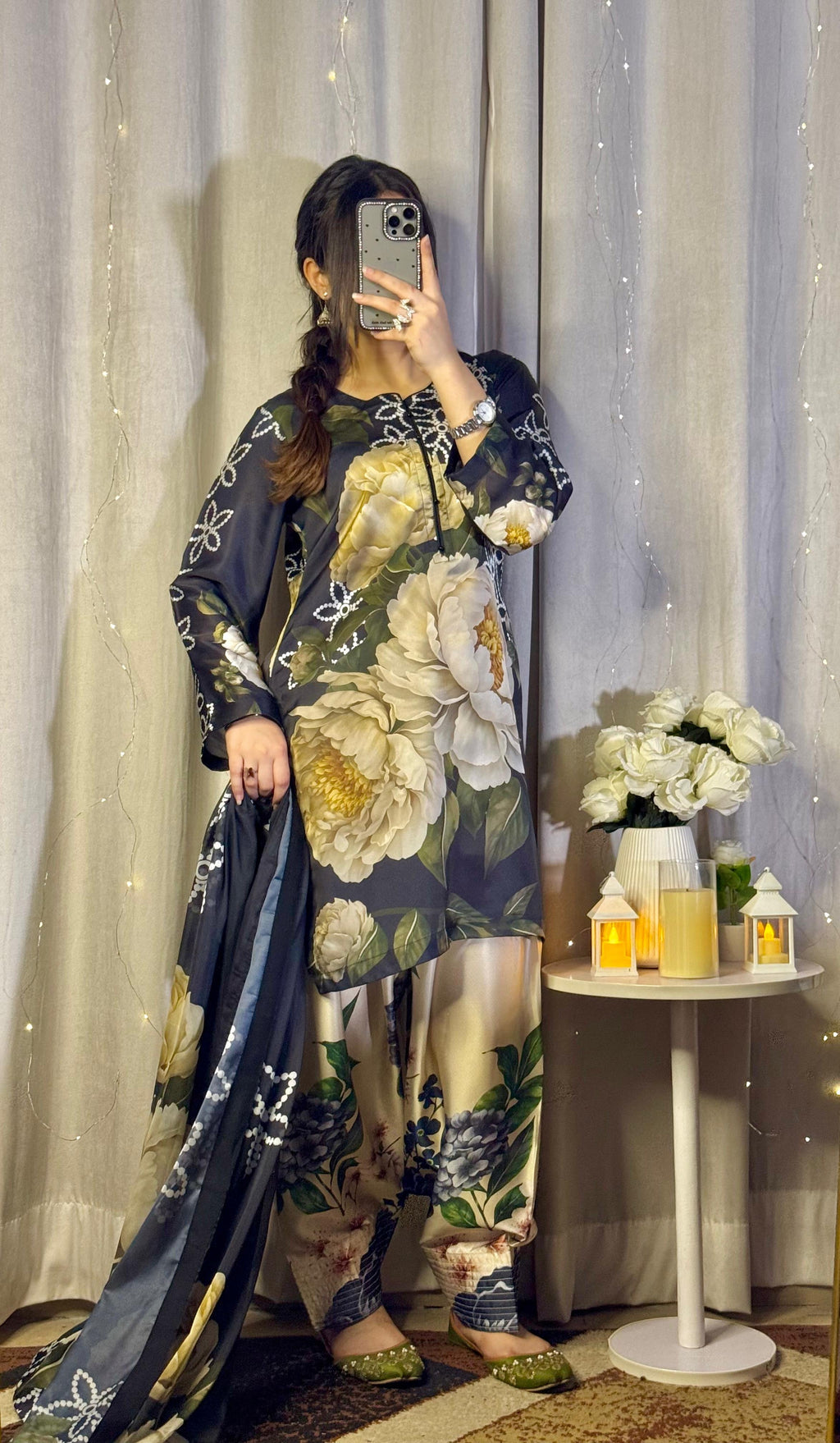 Digital Print Silk 3pcs ( Black Emerald Bloom Co-ord Set)
