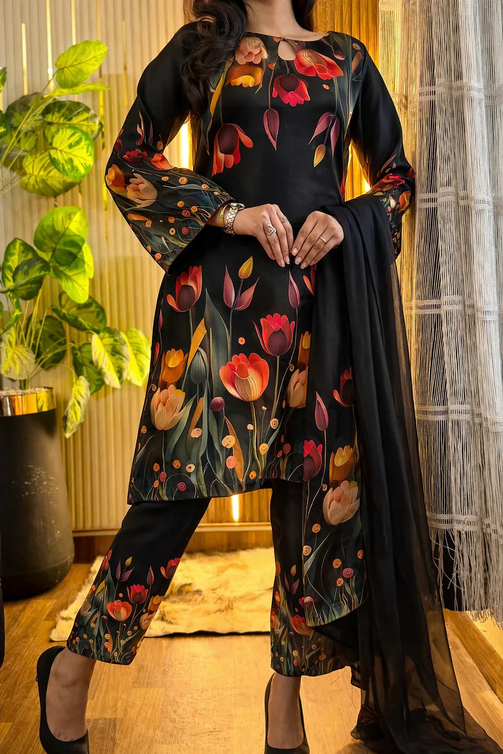 Digital Print Silk 3pcs ( BLACK 3D FLOWERS)