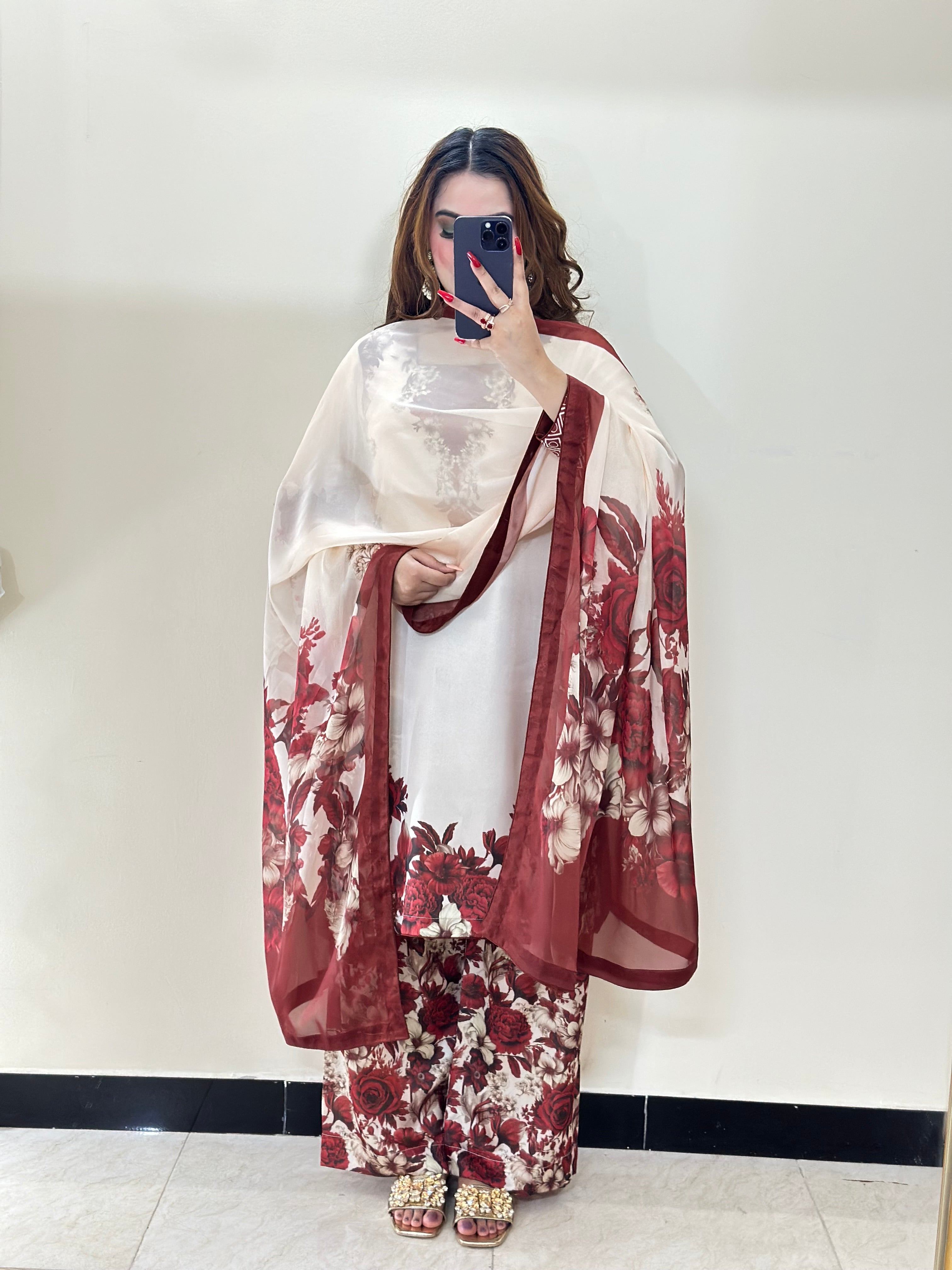 Digital Print Silk 3pcs (MEHROON PHOOL)