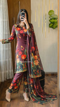 Digital Print Silk 3pcs (MEHROON 3D FLOWERS)