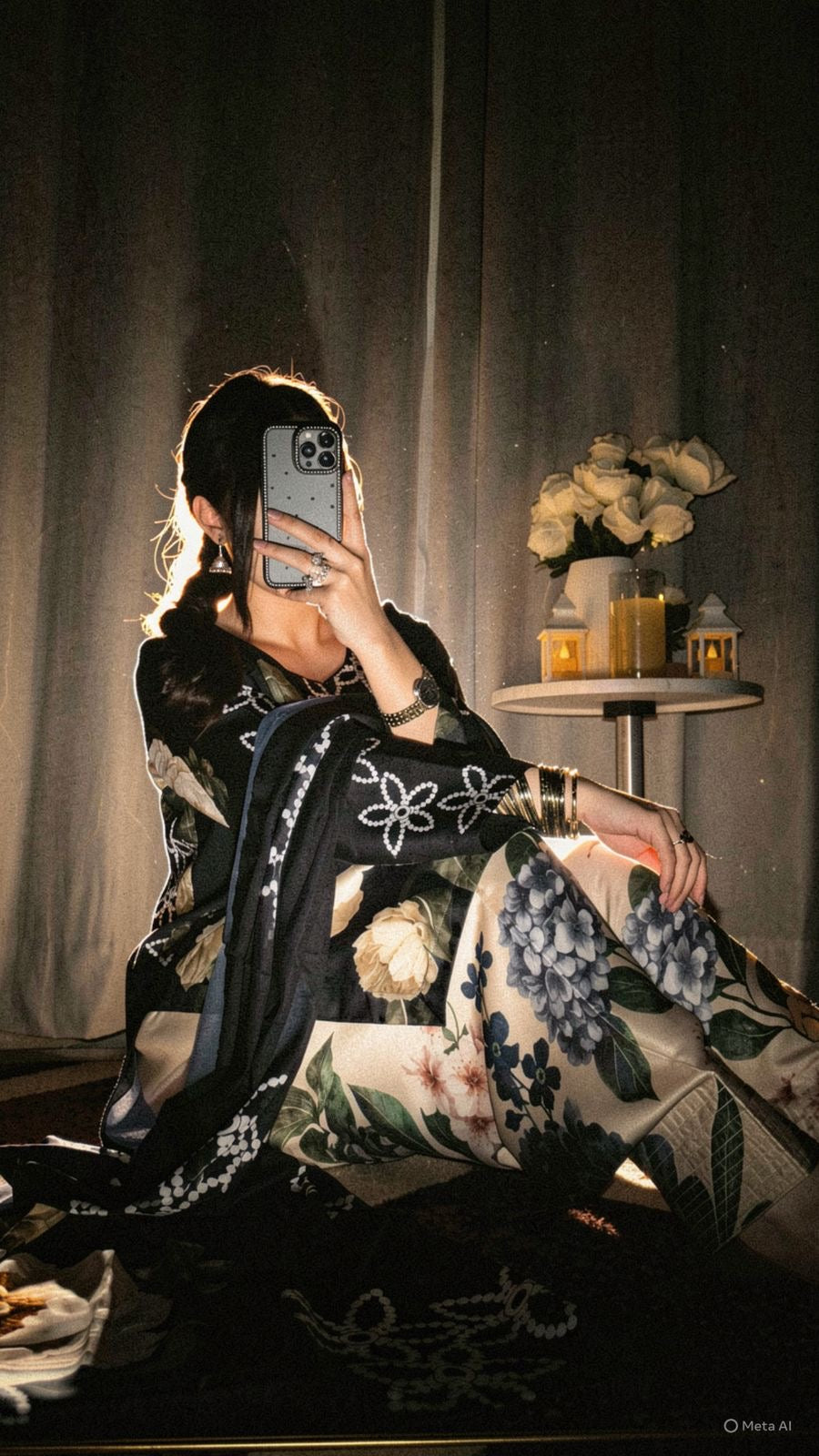 Digital Print Silk 3pcs ( Black Emerald Bloom Co-ord Set)
