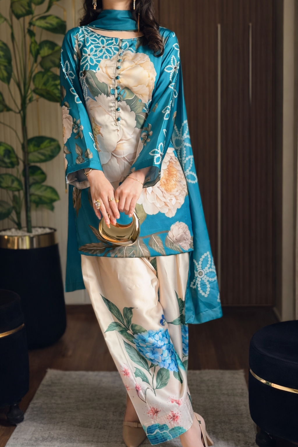 Digital Print Silk 3pcs (Emerald Bloom Co-ord Set)