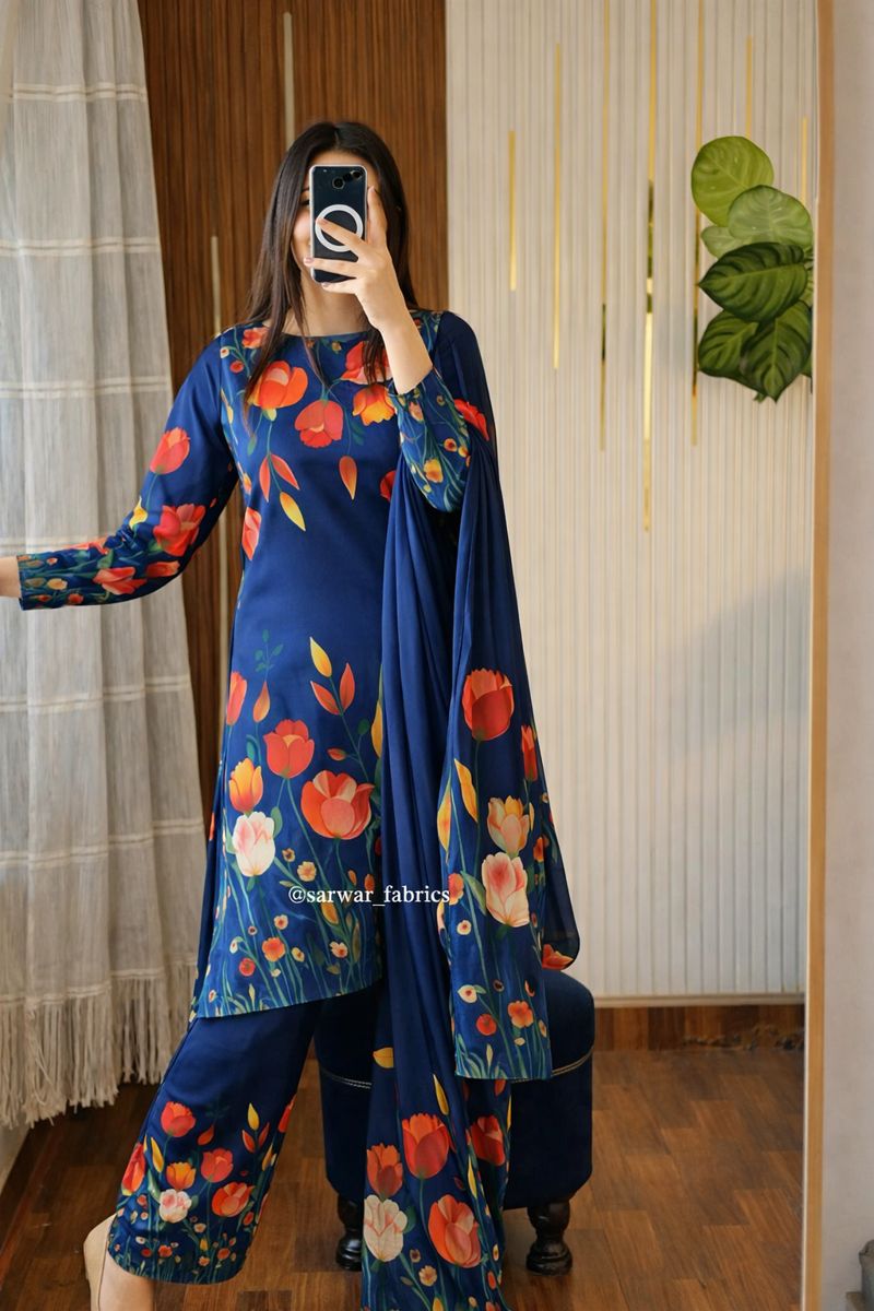 Digital Print Silk 3pcs (NAVY BLUE 3D FLOWERS)