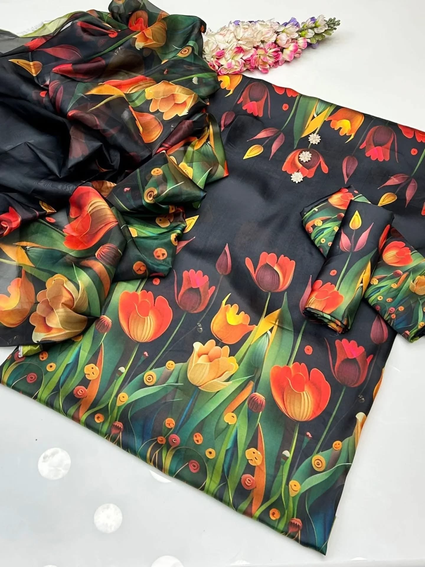 Digital Print Silk 3pcs ( BLACK 3D FLOWERS)