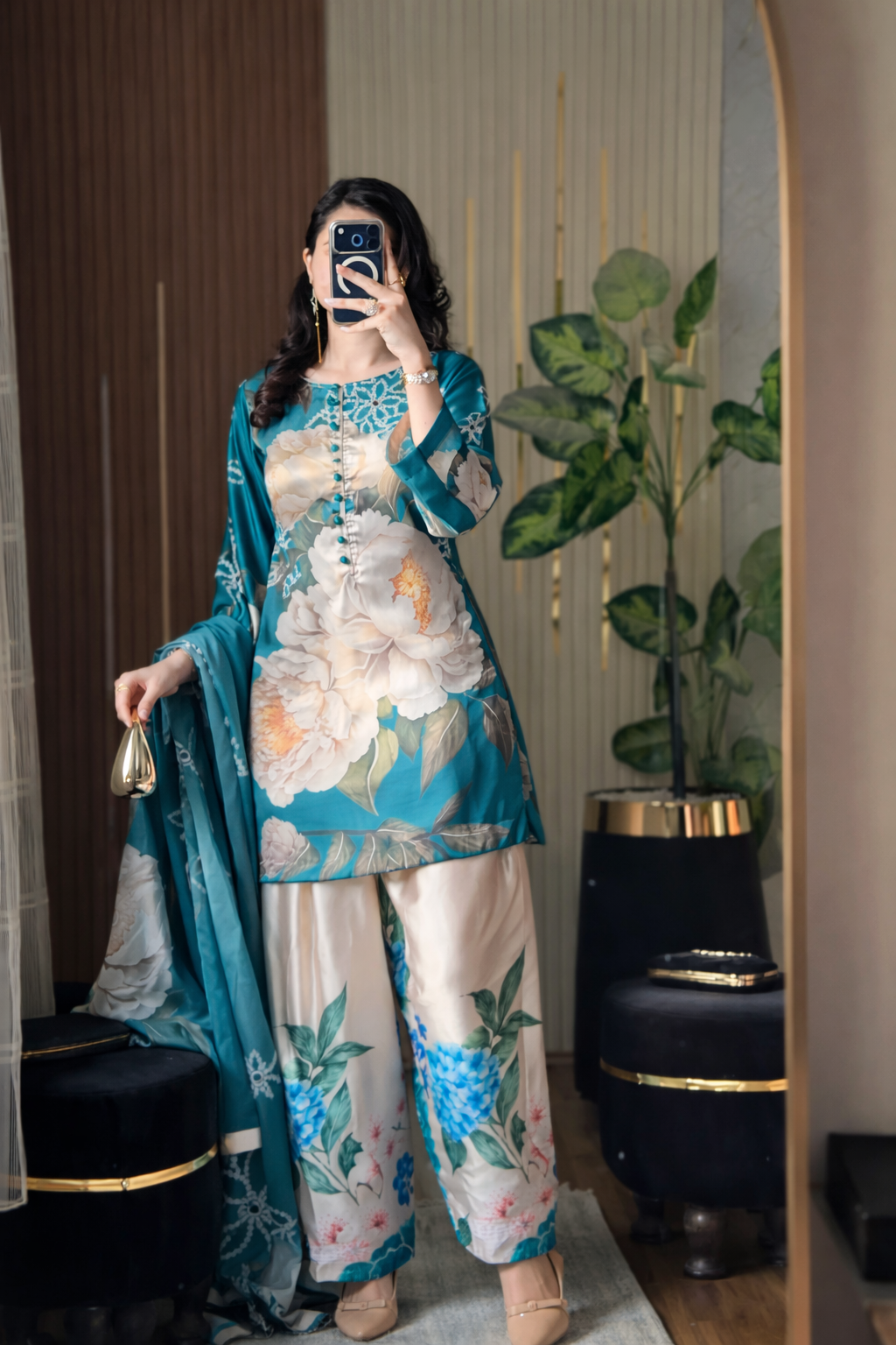 Digital Print Silk 3pcs (Emerald Bloom Co-ord Set)