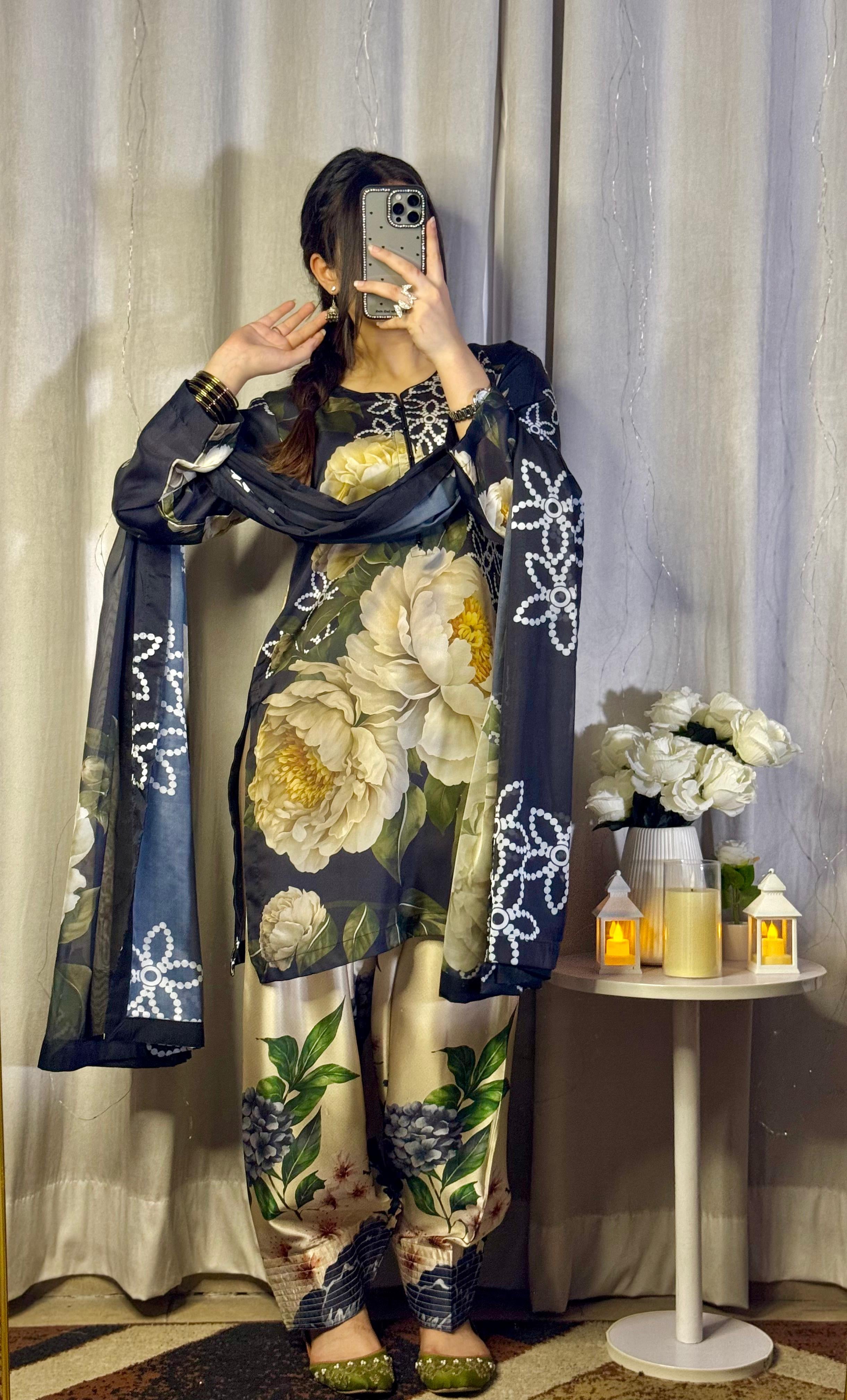 Digital Print Silk 3pcs ( Black Emerald Bloom Co-ord Set)
