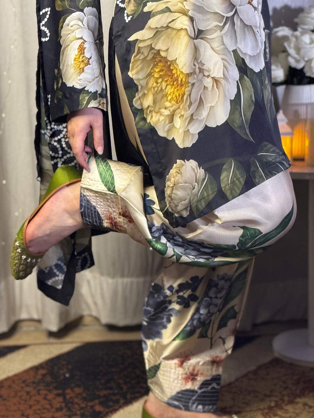 Digital Print Silk 3pcs ( Black Emerald Bloom Co-ord Set)