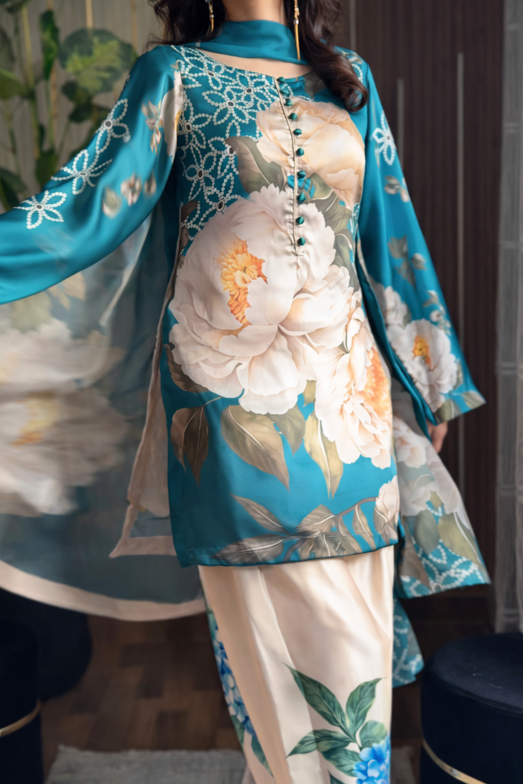 Digital Print Silk 3pcs (Emerald Bloom Co-ord Set)