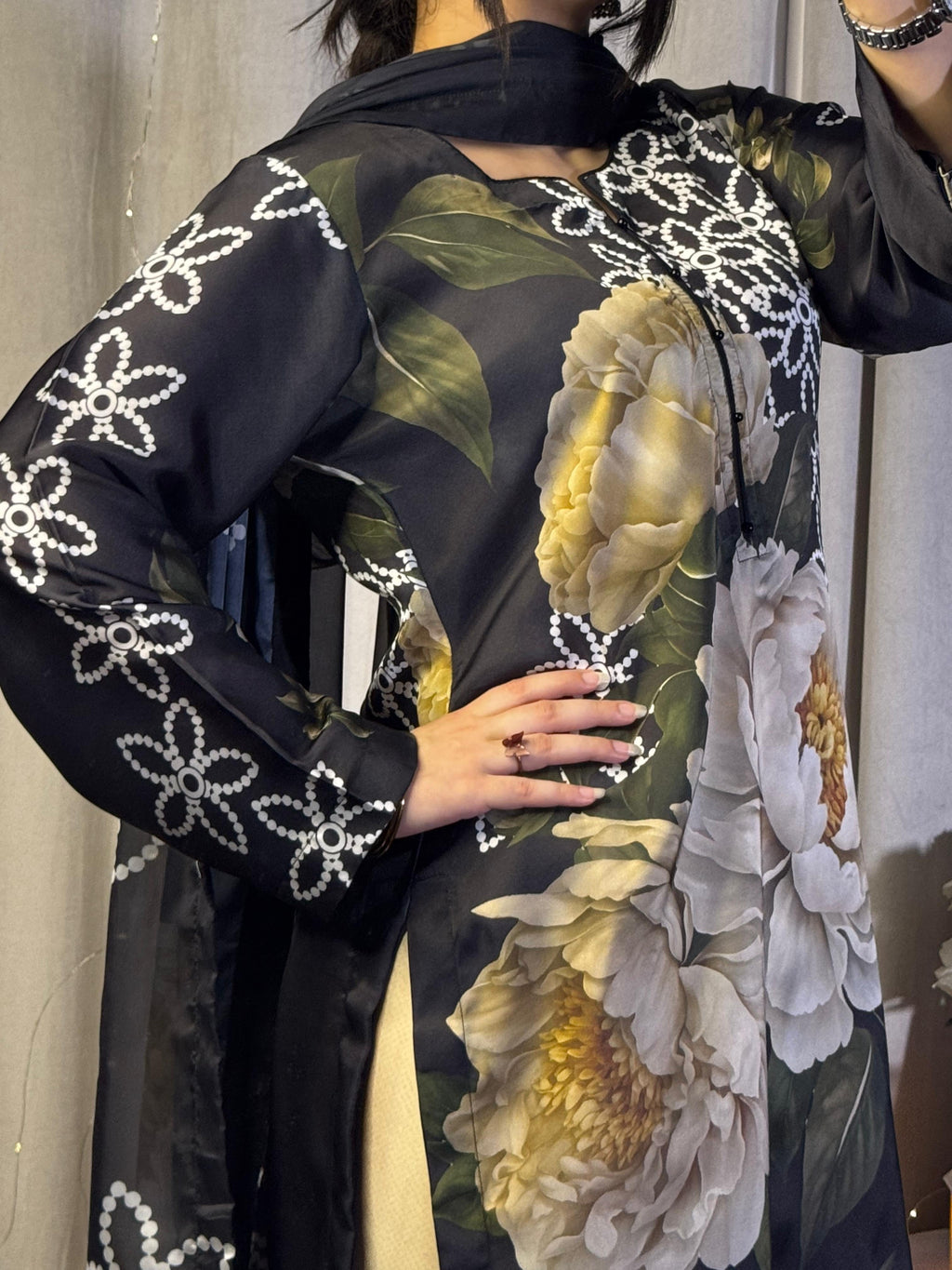 Digital Print Silk 3pcs ( Black Emerald Bloom Co-ord Set)