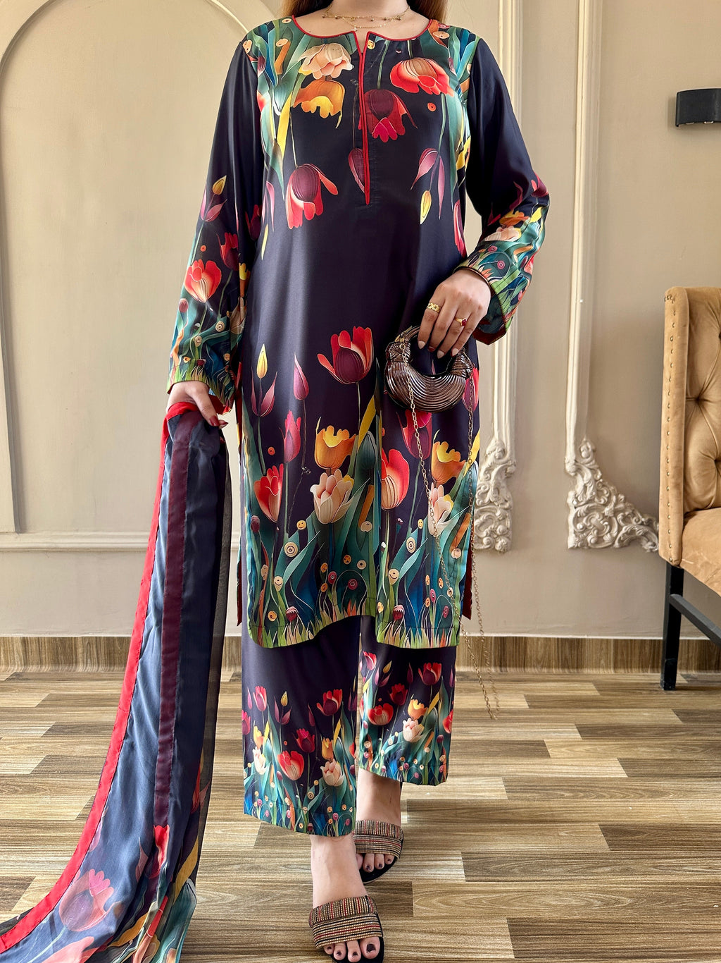 DIGITAL PRINTED SWISS LAWN 3pcs(3D TULIP BLACK)
