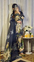 Digital Print Silk 3pcs ( Black Emerald Bloom Co-ord Set)