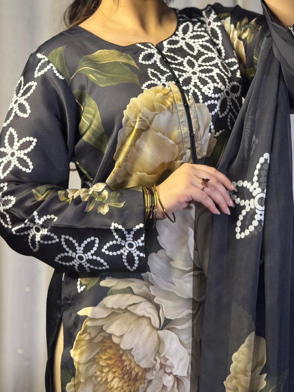 Digital Print Silk 3pcs ( Black Emerald Bloom Co-ord Set)